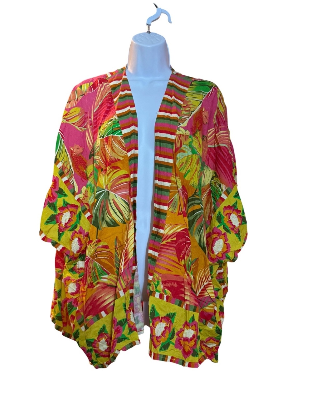 Vibrant Tropical Print Kimono Cardigan with Striped Collar
